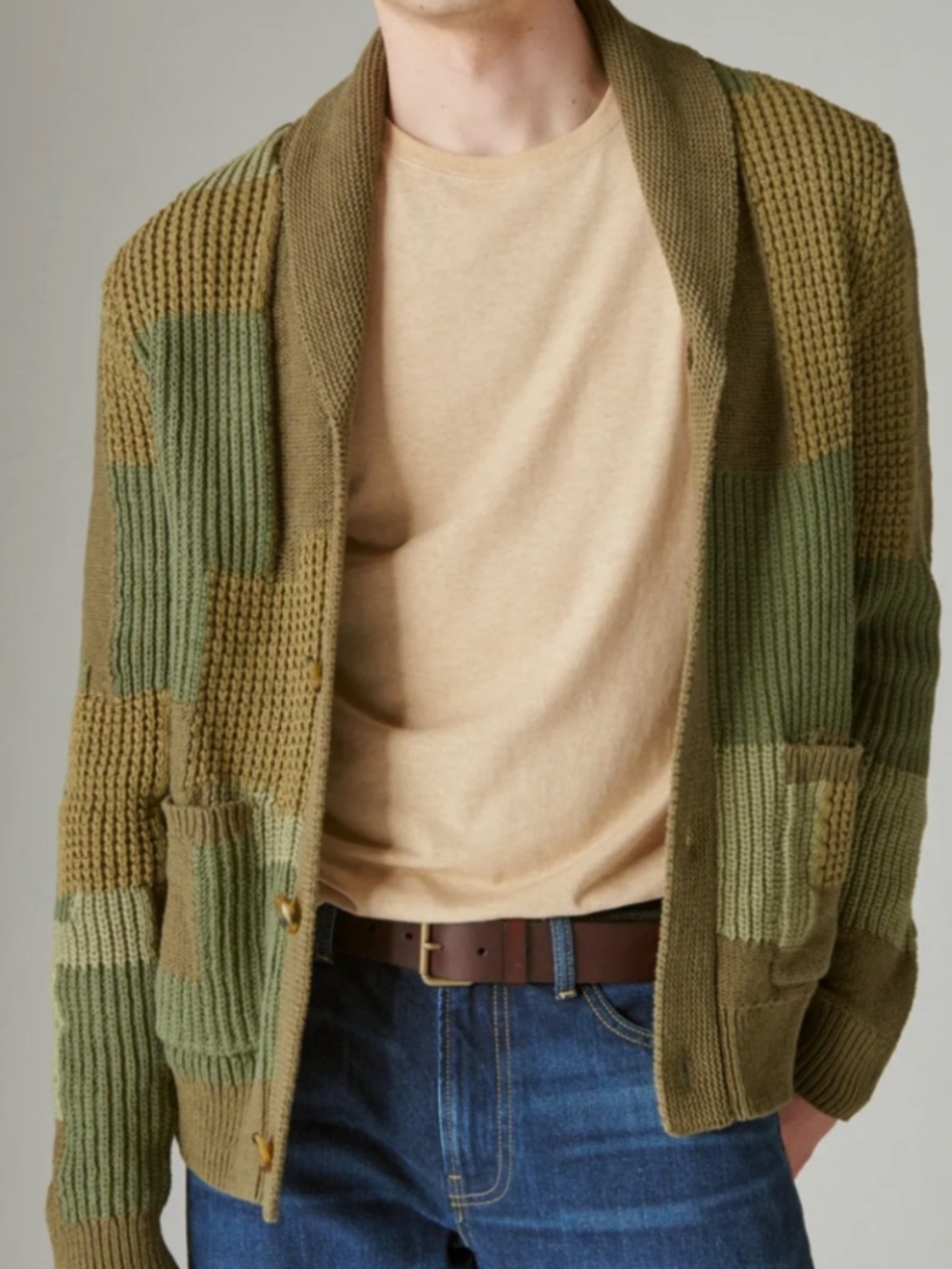 Lucky Brand Men's Surplus Patchwork Cardigan Sweater Olive Green XL NWT